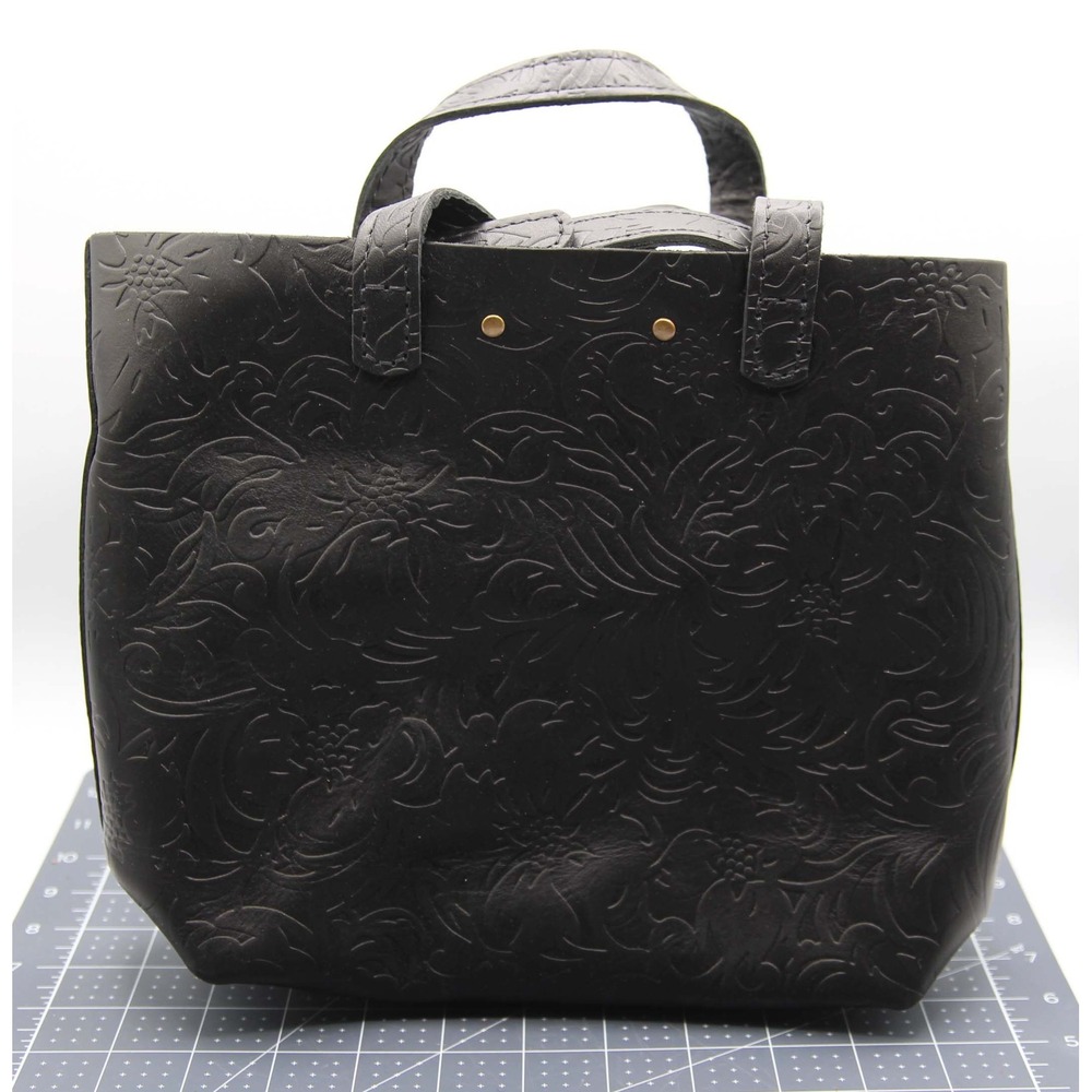 Portland Leather Goods Black Floral Embossed Leather Mini Crossbody Tote Bag